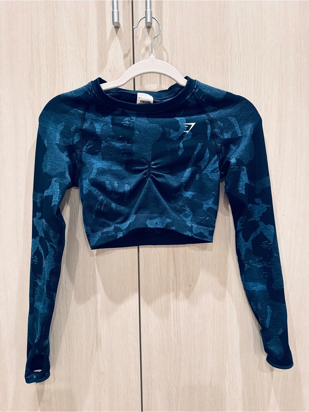 Gymshark Navy Camo Ruched Long-Sleeve Crop Top